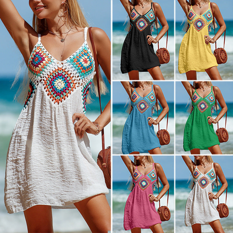 Stitching Colorful Pattern V-neck Hollow Beach Dress