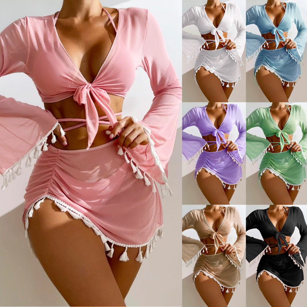 4pcs Solid Color Bikini With Short Skirt And Long Sleeve Cover-up Swimsuit