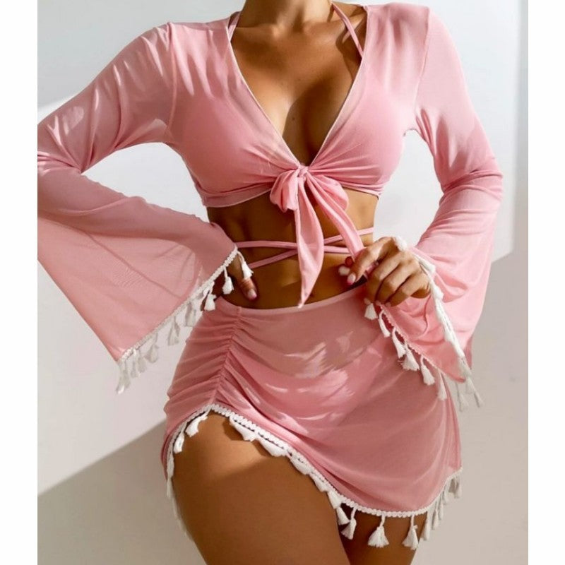 4pcs Solid Color Bikini With Short Skirt And Long Sleeve Cover-up Swimsuit