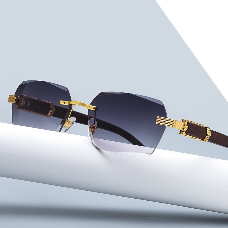 Irregular Metal Sunglasses With Wood Grain Temples