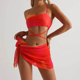 3pcs Tie Dye Print Bikini With Short Skirt Swimwear