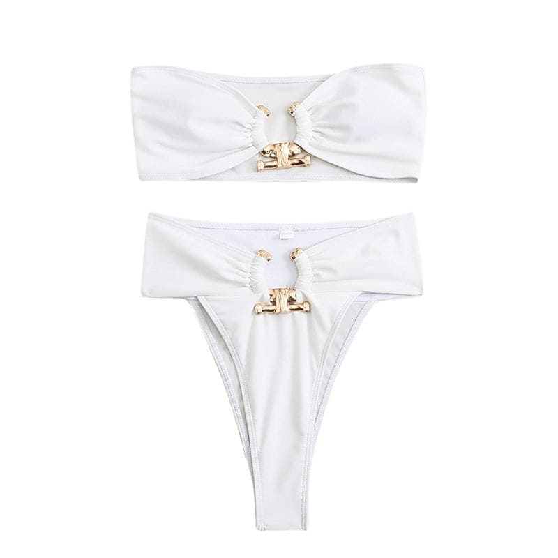 Side Tie Shiny O Ring Metal Hardware High Cut Bandeau Bikini Set Swimwear