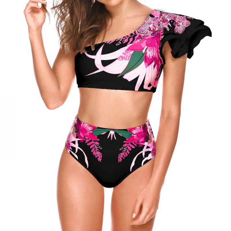 Women's Sexy Floral Print One Shoulder High Waist Bikini Two-Piece Swimwear
