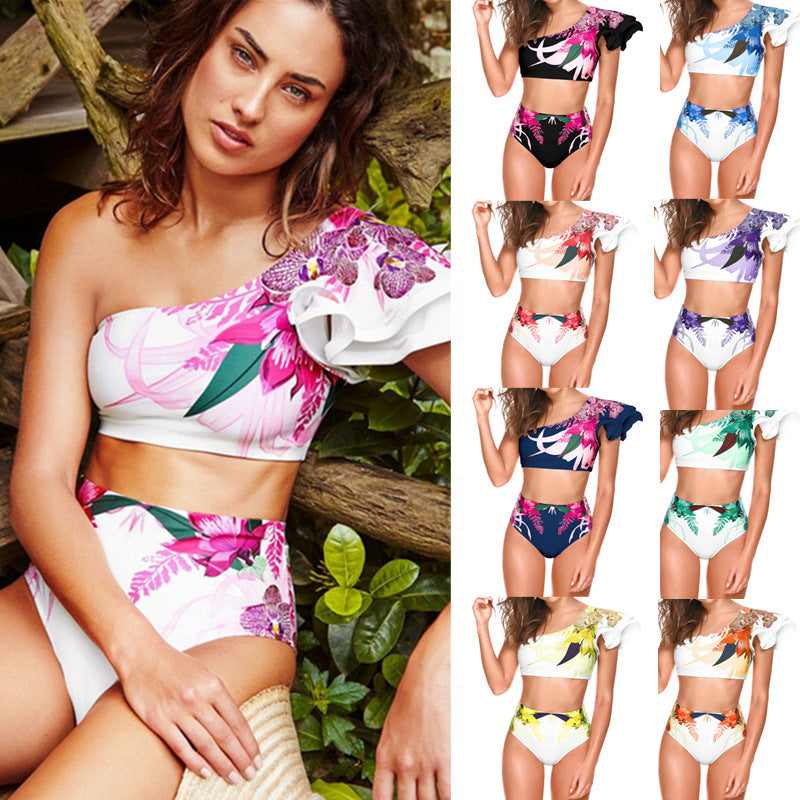Women's Sexy Floral Print One Shoulder High Waist Bikini Two-Piece Swimwear