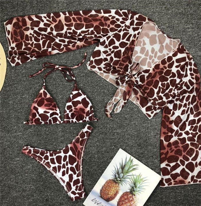 Long Sleeve Mesh Three Pieces Leopard Bikini Swimsuit