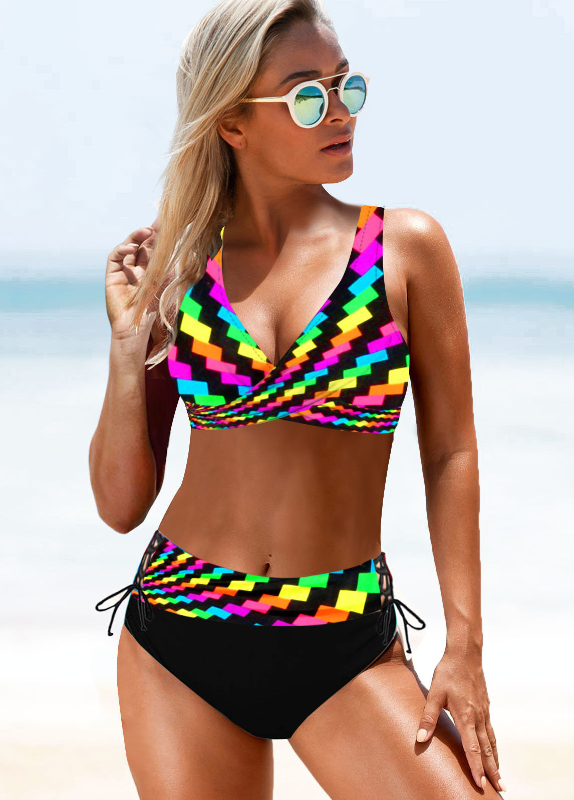 High-waist rainbow striped multicolor bikini