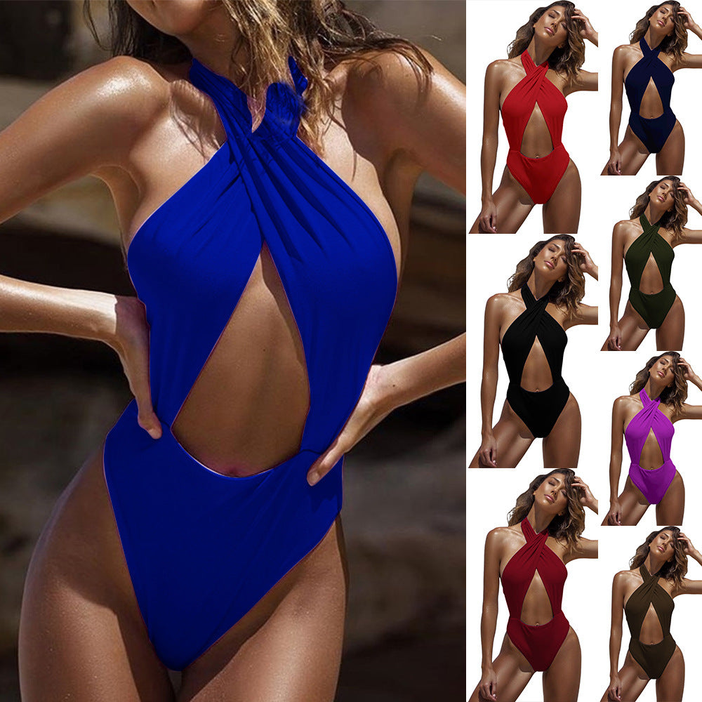 Cross-Hanging Neck Multi-Color Tight Fitting Swimsuit